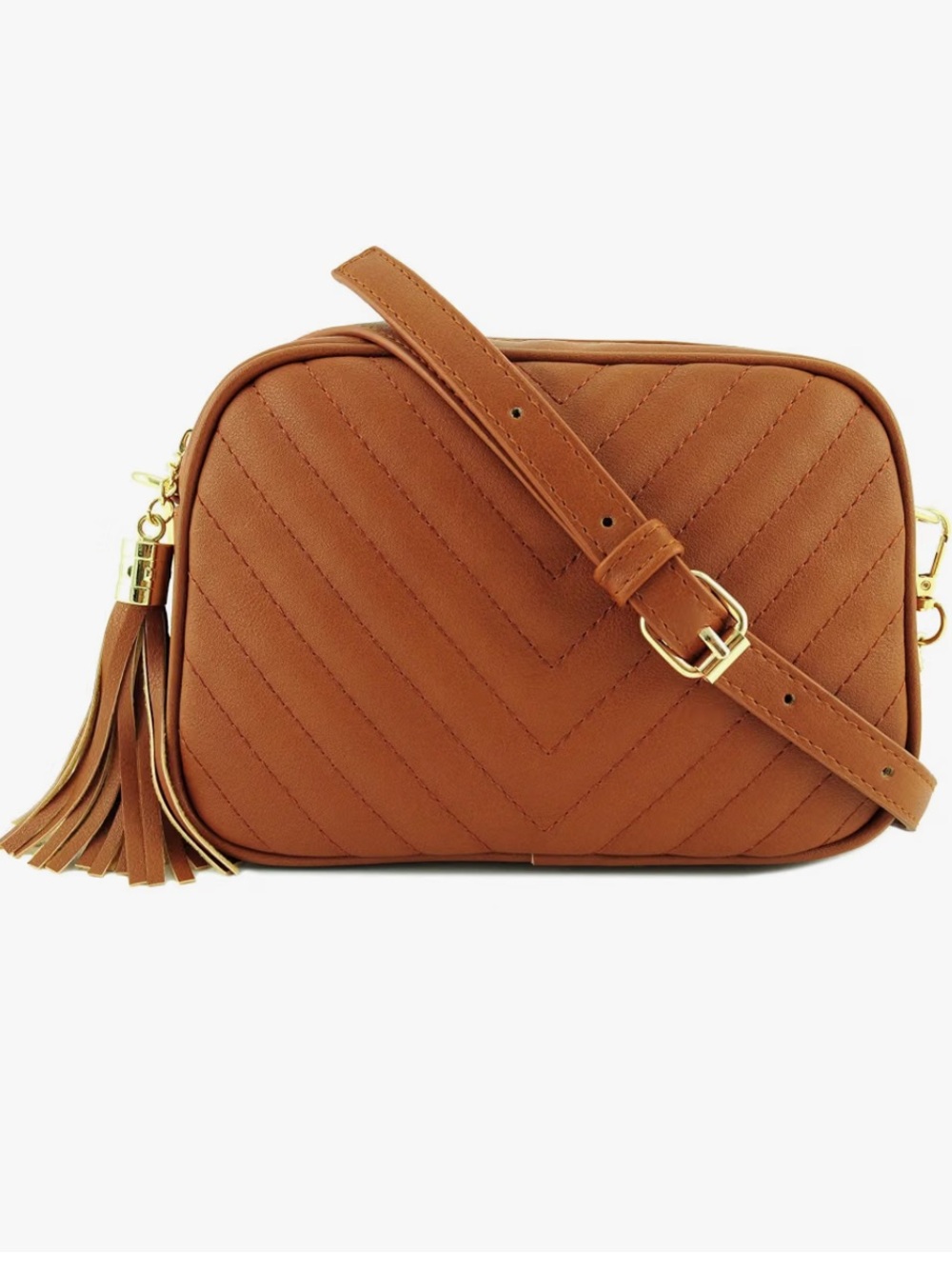 Women's Tan Quilted Crossbody Bag with Tassel and Adjustable Strap